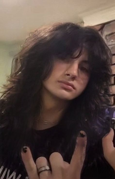 Black Hair Men Long, Rock Shag Haircut, Metalhead Haircut, Long Hair Metalhead, Metal Head Hair, Masc Long Hair, Justin Aesthetic, Goth Fashion Men, Guys With Curly Hair