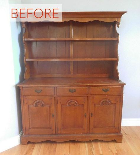 s 8 hutch makeovers we can t stop looking at, painted furniture, Before An old fashioned wood hutch Farmhouse Hutch Makeover, Small Living Room Makeover, Living Room Makeover Ideas, Hutch Furniture, White Hutch, Room Makeover Ideas, Farmhouse Hutch, Tv Center, Vintage Hutch