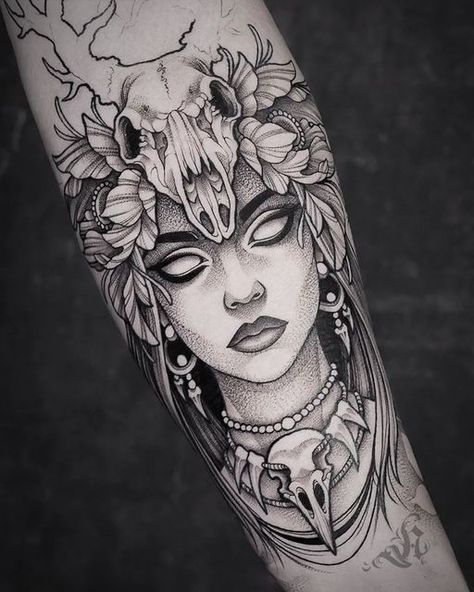 Goth Goddess Tattoo, Pagan Woman Tattoo, Voodoo Queen Tattoo, Hooded Woman Tattoo, Spooky Woman Tattoo, Morrigan Tattoo Design, Mystical Woman Tattoo, Tattoos For A Sleeve, Witch Lady Tattoo