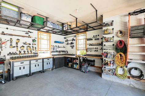 Our Smart Garage! - Chris Loves Julia Garage Makeover Ideas, Garage Shelving Ideas, Garage Wall Shelving, Garage Wall Storage, Garage Storage Inspiration, Garage Workbench, Garage Organization Tips, Storage Inspiration, Chris Loves Julia