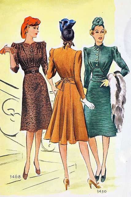 November 1939 vintage fashion color illustration day dress late 30s early 40s war era green tan brown button front tie back swing era WWII 1930s Fashion Illustration, 1940s Fashion Illustration, Late 1930s Fashion, Vintage Dresses 30s, 1939 Fashion, 1930s Clothes, 1940 Fashion, 40s Mode, 40s Outfits