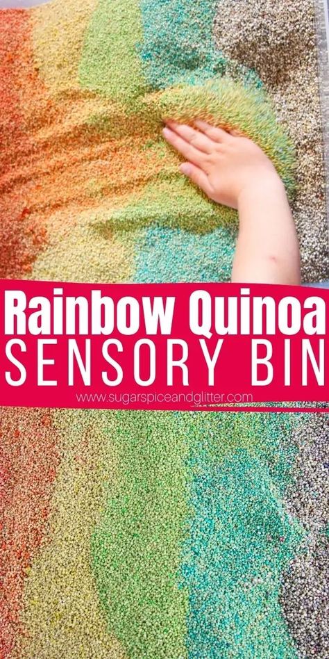 How to make a rainbow quinoa sensory bin without rubbing alcohol, a gorgeous sensory bin kids can play with for months and can be used to learn in so many different ways. Quinoa Sensory Play, Rainbow Pasta, Kids Sensory Play, Making Quinoa, Make A Rainbow, Rainbow Rice, Sensory Exploration, Positive Parenting Solutions, Sensory Bottles