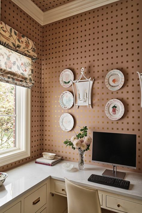 Sharing a divine nook from a tudor project by Tori Rubinson Interiors. Styled by Melanie McKinley. Photo by Stephen Karlisch. Let's talk! Tori Rubinson, Plates On Walls, Covering Wallpaper, Wooden Accent Chair, Bahamas House, Gold Metallic Wallpaper, Wooden Desk Chairs, Blue Laundry Rooms, Upholstered Desk Chair