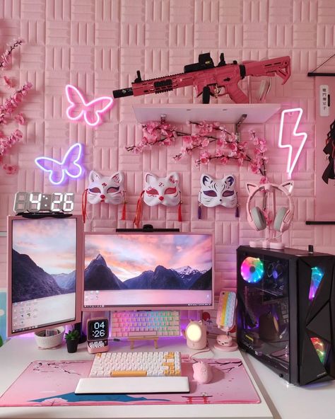 Girlie Gaming Setup, Bedroom Streaming Setup, Female Gamer Room, Gaming Room Setup Cute, Gaming Bedroom Girl, Girly Gamer Room, Gamer Girl Room Ideas, Gamer Girl Bedroom Ideas, Cute Gaming Room