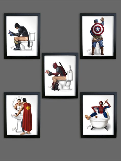 Superhero Bathroom, Man Cave Posters, Superman Spiderman, Superhero Superman, Superman And Spiderman, Ultimate Man Cave, Home Bar Accessories, Man Cave Home Bar, Boys Bathroom