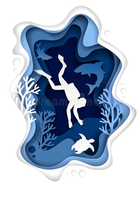 Underwater Scuba Diving Vector Paper Cut Illustration Stock Vector - Illustration of dive, animal: 127655229 Paper Cut Illustration, Diver Art, Sea Cave, Cut Out Art, Paper Cutout Art, 3d Paper Art, Underwater Sea, Posca Art, Layered Art