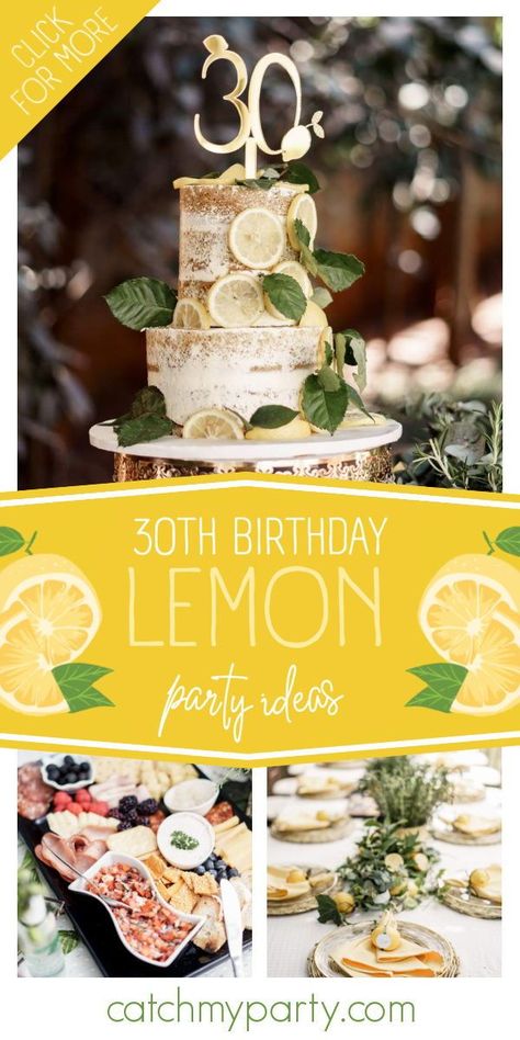 Swoon over this amazing rustic lemon-themed 30th birthday party! The cake is gorgeous! See more party ideas and share yours at CatchMyParty.com Birthday Lemon Theme, Lemon Themed Cake, Lemon Birthday Theme, Lemon Themed Birthday Party, Lemon Party Theme, Italy Party Theme, Themed 30th Birthday Party, Lemon Birthday Party, Italian Birthday