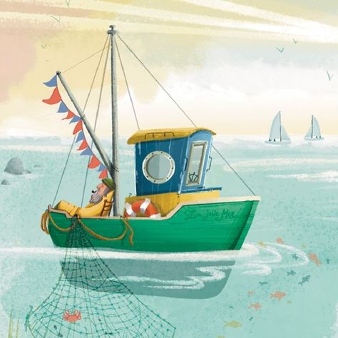 And a little close up for you!!! @la.box.trevell @trevell.puzzle #illustratorinstagram #lamer #illustrator #illustration #illustrations #seaside #seasideillustration #summervibes Fisherman Boat Illustration, Fishing Boat Illustration, Fishing Illustration, Boat Illustration, Books Illustration, Boat Drawing, Picture Books Illustration, Fish Illustration, Memory Game