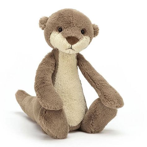 Introducing 'Bashful Otter' by Jellycat. This river pal comes in a gorgeous, otter brown, soft fur body, a long, creamy tummy that stretches into Otters cute little face, a chocolate-drop nose and neat Otter ears. Strong, soft paws and a squashy tail help Bashful Otter swim and steer! Sleeping Otters, Jellycat Toys, Soft Paws, Otters Cute, Cute Stuffed Animals, Plush Animals, Woodland Animals, Stuffed Toys Patterns, Otters