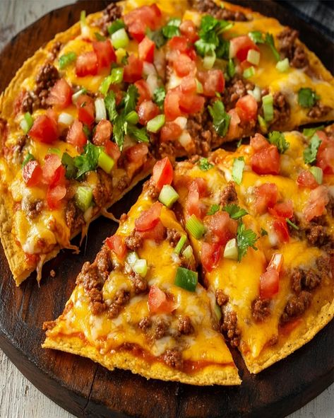 Crispy Mexican Pizza with Seasoned Beef and Refried Beans Recipe - optimal recipes Crispy Mexican Pizza, Pioneer Woman Mexican Pizza, Yummy Mexican Food, Taco Pizza With Tortillas, Mexican Pizza Recipes, Mexican Pizza Casserole, Mexican Refried Beans Recipe, Homemade Mexican Pizza, Mexican Style Pizza