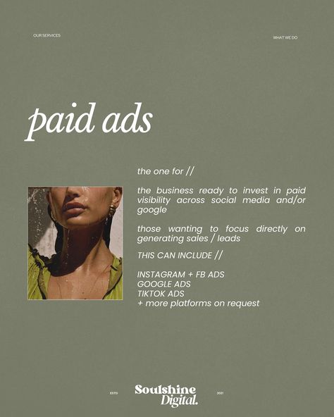 a refresh of our latest offerings // 🌴🐚🥥 we aren’t just a social media agency, we’re experts in SEO, paid ads and much more Whether you’re on a limited budget + want to invest in mentorship, or you fancy a new website designing, there is so much that we are here to support you with // we are intentional in only offering services that we love + are confident in pop us a message or head to our website to enquire 🥥 // BASED IN SUSSEX, UK — CLIENTS WORLDWIDE // #socialmediaagency #marketing... Paid Ads, Social Media Agency, Sales Leads, Media Agency, Fb Ads, Social Media Marketing Business, Website Designing, Brand Photography, Marketing Business