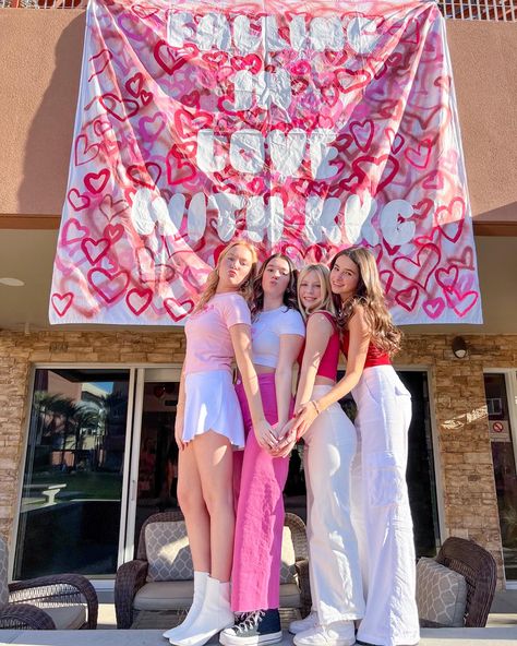 Love Sorority Bid Day Theme, Love Theme Sorority, Sorority Love Theme, Valentine’s Day Sorority Banner, Valentines Banner Sorority, Bid Day Ideas Sorority, Recruitment Themes Ideas, Sisterhood Round Recruitment Decor, Love Bid Day Theme