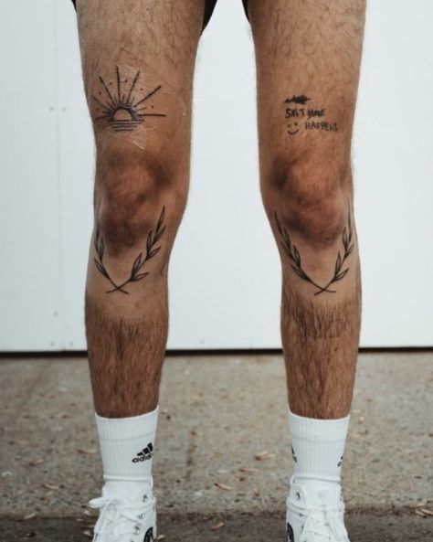 Knees Tattoo For Men, Wreath Leg Tattoo, Under The Knee Tattoo Men, Wreath Around Knee Tattoo, Man Leg Tattoo Ideas, Guy Tattoos Leg, Below Knee Tattoo Men, Laurel Wreath Knee Tattoo, Man Knee Tattoo