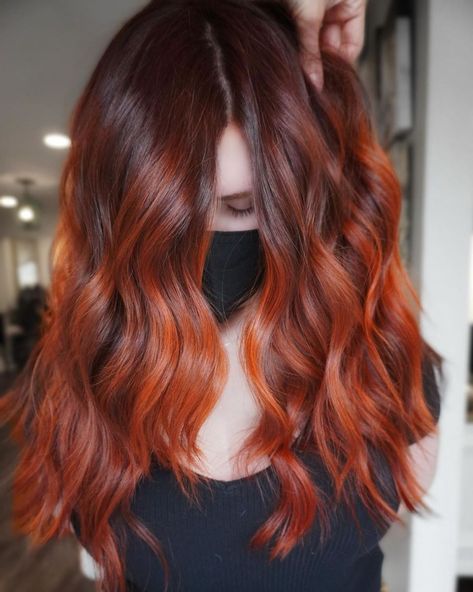 Dark Red Copper Fall Color Copper Hair 2023 Trends, Copper Ombre Hair, Copper Hair With Shadow Root, Bright Copper Hair, Bayalage Hair, Cowboy Copper Hair, Copper Hair Color Ideas, Copper Fall, Cowboy Copper