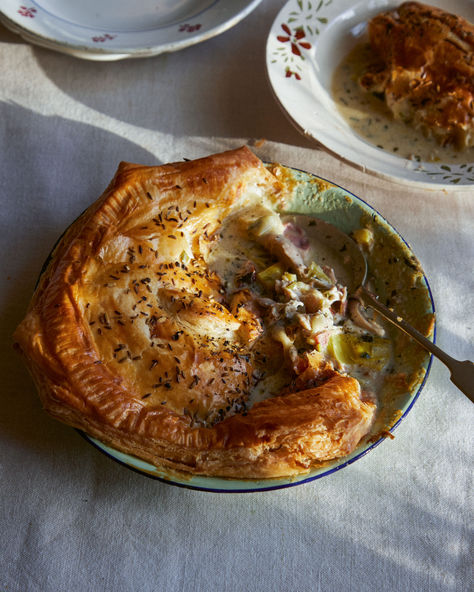 The secret to this utterly delicious chicken and tarragon pie from Julius Roberts lies in the quality of the ingredients and the homemade chicken stock used to flavour the pie's filling. Though it may take a little time and care to make, this recipe makes enough for two pies so you can store one in the freezer for a rainy day. Leek Pie, Easy Chicken Pot Pie, Chicken Pie, Flaky Pastry, Simply Delicious, It Goes On, Chicken Pot, Chicken Pot Pie, Pot Pie