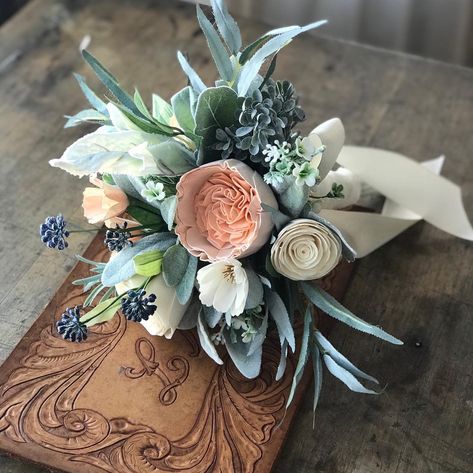 Belle ~ Wooden flower bouquet, READY TO SHIP, slate blue and peach, boho wedding bouquet, ivory and dusty blue, Sola wood flowers, peony Peach Boho Wedding, Zinnia Bouquet, White Wax Flower, Willow Eucalyptus, Wooden Flower Bouquet, Peony Buds, Ivory Wedding Flowers, Eco Flowers, Flowers Peony