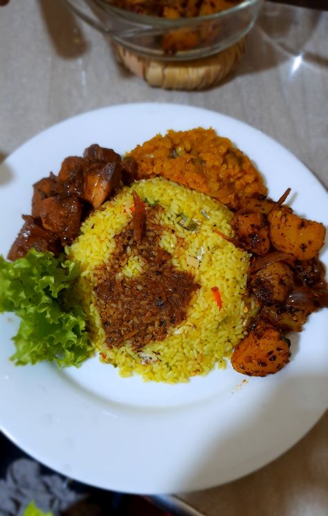 Yellow rice,Dhal Curry,Tempered potato,Spicy Chicken curry with salad Dhal Curry, Yellow Rice, Chicken Curry, Spicy Chicken, Curry Chicken, Potato, Rice, Salad, Chicken