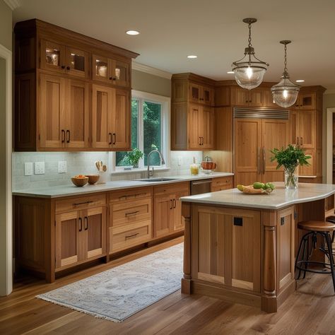 Kitchen With Cypress Cabinets, Wooden Cabinetry Kitchen, Cream Kitchen With Wood Cabinets, Natural Cherry Wood Kitchen Cabinets, Granite Countertops With Maple Cabinets, Wood Stain Cabinets Kitchen, Warm Color Kitchen, Maple Shaker Kitchen Cabinets, Medium Brown Kitchen Cabinets