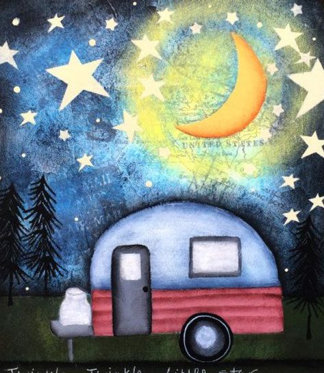 Camping camper at night painted rock idea Vintage Camper Art, Camper Art, Wine And Canvas, Camping Camper, Painting Canvases, Painted Rocks Craft, Canvas Painting Diy, Rock Painting Designs, Paint And Sip