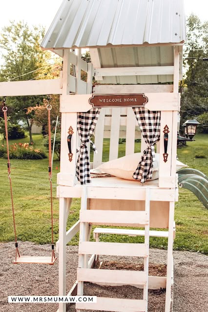 Swing Set Makeover | How to Paint Swing Set | . Diy Playset Makeover, Backyard Playset Makeover, Playstructure Update, Outdoor Play Set Makeover, Diy Play Set Outdoor, Swingset Accessory Ideas, Wooden Playground Makeover, Swingset Remodel, Under Playset Ideas