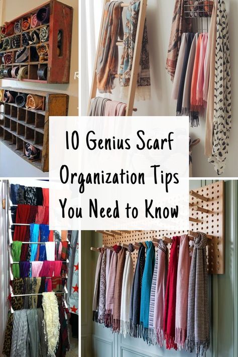 Keep your scarves tidy and accessible with these clever storage ideas. Perfect for maximizing space and adding charm to your room. Scarf Holders Organizers, Scarf Holder Ideas, Storage For Scarves Scarf Organization, Scarves Storage Ideas, Scarf Storage Ideas Organizing Scarves, Hat And Glove Storage Ideas, Scarf Organization Ideas, Hijab Organization Ideas, Organize Scarfs