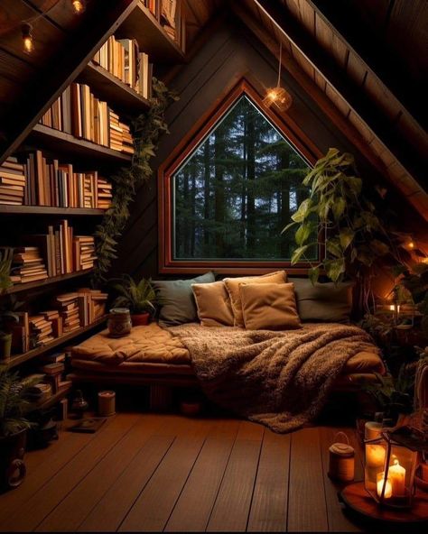 Attic Library, Cozy Home Library, Study Room Decor, Attic Bedroom, Attic Rooms, Fantasy House, Home Libraries, Studio Apartment Decorating, Dream Room Inspiration