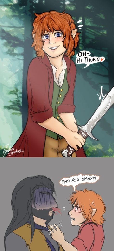 Oh hi OH GOD ARE YOU OK?!? Female Bilbo, Bilbo X Thorin, Hobbit Fanart, Giant Monster Movies, Lotr Funny, Hobbit Art, Middle Earth Art, Thorin Oakenshield, Giant Monsters