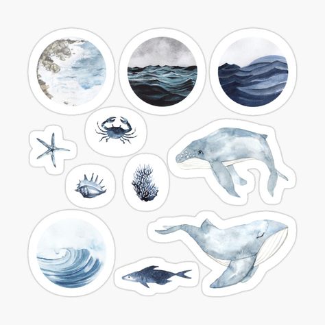 Sea Aesthetic Sticker, Blue Theme Stickers Printable, Elemental Blue Aesthetic, Sea Stickers Aesthetic, Ocean Aesthetic Stickers, Watercolor Stickers Printable, Ocean Themed Stickers, Ocean Stickers Printable, Blue Theme Stickers