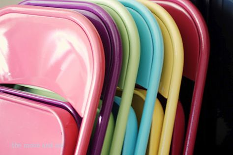 Folding metal chairs are in every GoodWill store!  Just use metal, or automobile, spray paint~or take to auto body shop Painted Folding Chairs, Folding Chairs, Beautiful Backyards, Folding Chair, Spray Paint, Diy Design, Home Projects, Painted Furniture, Sake