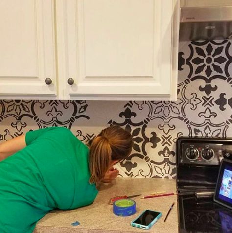 Tile Makeover Diy, Kitchen Tile Makeover, Wall Paper Backsplash, Stenciled Backsplash, Tile Makeover, Cement Tile Backsplash, Diy Kitchen Makeover, Kitchen Backsplash Tile Designs, Paint Backsplash