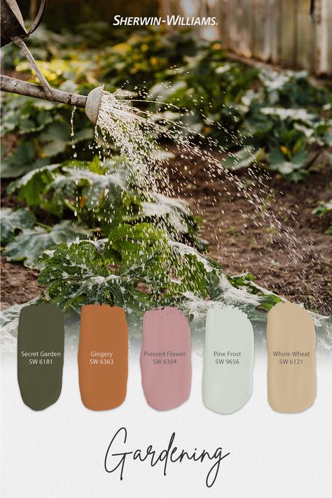 Backyard Color Palette, Oakmoss Color Palette, Color Palette For Garden, Hazel Color Palette, Rustic Spring Color Palette, Nature Inspired Paint Palettes, Cottage Garden Color Palette, Earthy Spring Color Palette, Secret Garden Color Palette