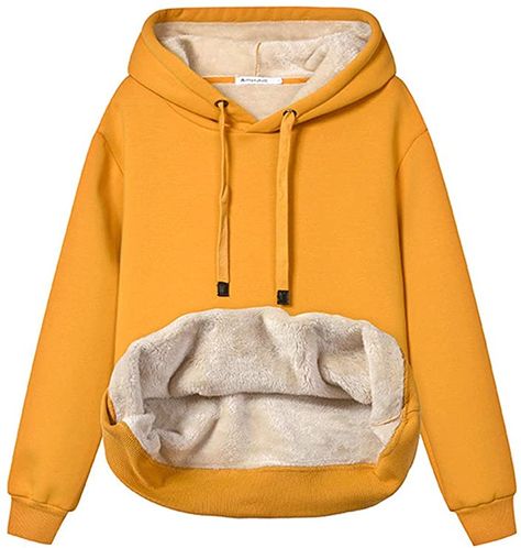 Haellun Womens Casual Winter Warm Fleece Sherpa Lined Pullover Hooded Sweatshirt at Amazon Women’s Clothing store Hooded Sweater Coat, Womens Thermal, Cashmere Color, Yellow Hoodie, Warm Yellow, Estilo Chic, Sweater Collection, Sports Sweatshirts, Winter Sweatshirt