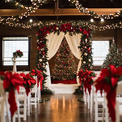 Christmas Themed Wedding Ceremony Decor, Red Christmas Wedding Theme, Red And White Christmas Wedding, Red Winter Wedding Theme, Christmas Altar Decorations, Romantic Winter Wedding Decor, Christmas Theme Wedding Ideas, December Wedding Table Decor, Christmas Wedding Ceremony Decor