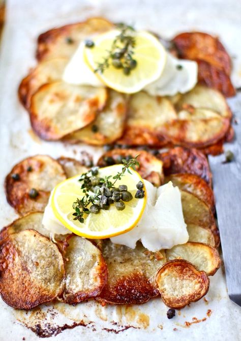 Sheet Pan Cod on Crispy Garlicky Potato Rafts topped with lemon Baked Cod And Potatoes, Baked Fish And Potatoes Recipes, Cod And Potatoes Recipes, Stuffed Cod, Cod Potatoes, Sheet Pan Cod, Cod With Potatoes, Potato Packets, Smoked Cod