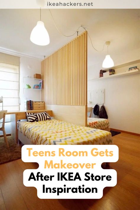 This hack is for our soon-to-be teenagers room. It consists of a KARLBY worktop turned into a desk/bed headboard, ESPEVÄR Slatted mattress bases that double as couches during the day, and also an idea for a room divider after a visit to the IKEA store. Follow along for more easy Ikea hacks ad DIY home decor ideas! Divide Room Into Two Spaces, Room Divider Ideas Bedroom, Kids Room Divider, Bedroom Divider, Cama Ikea, Store Inspiration, Teens Room, Kids Shared Bedroom, Shared Kids Room