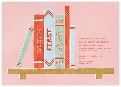 Baby's Bookshelf - Pink - Paperless Post Modern Baby Shower Themes, Baby Bookshelf, Online Baby Shower Invites, Online Baby Shower, Baby Shower Invitations Design, Book Theme, Belated Birthday Card, Kids Birthday Themes, Paperless Post