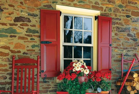 Our Blog | Exterior Home Design | Timberlane Shutter Experts | Shutter Inspiration Rustic Farmhouse Exterior, Red Shutters, House Shutters, Diy Shutters, Shutters Exterior, Wood Shutters, Windows Exterior, Farmhouse Exterior, Exterior Wood