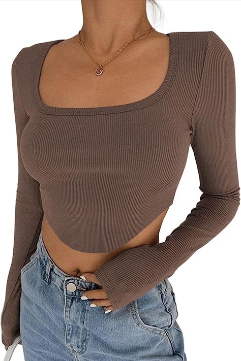 trendy brown long sleeve 2023 Square Neck Long Sleeve, Y2k Tops, Long Sleeve Crop, Basic Tees, Summer Tops, Corset Top, Long Sleeve Crop Top, Square Neck, Spring Fashion