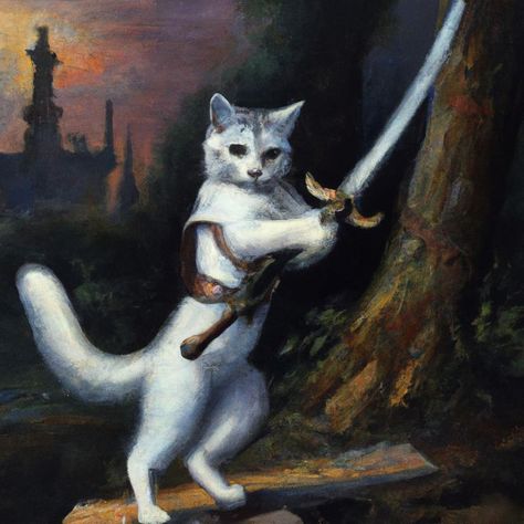 A Realism painting of Inigo the Cat, ready for battle while brandishing his sword. Available on everything from stickers to wall art! Realism Painting, Barbie Movies, Warrior Cats, Realism, Cat Art, Art Inspo, Victorious, Comics, Wall Art