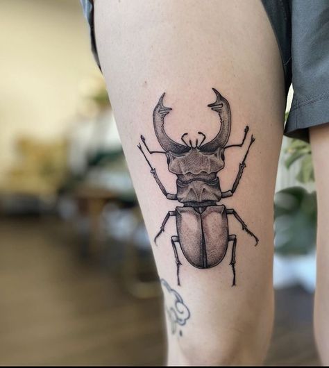 Bug Tattoo Aesthetic, Stag Beetle Tattoo, Beetle Tattoos, Beetle Tattoo, Shin Tattoo, Floral Tattoo Shoulder, Tatoo Inspiration, Funky Tattoos, Men's Small Tattoo