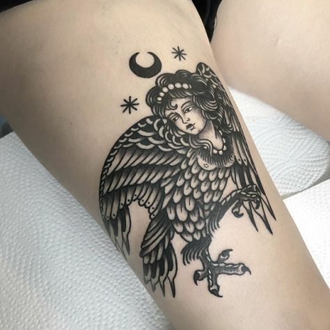 Harpy Tattoo | Tattoo Ideas and Inspiration | Adriana Maluquer Slav Tattoo, Harpies Tattoo, Harpy Tattoo Design, Harpy Tattoo, Harpie Lady Tattoo, Harpy Tattoo Greek Mythology, Harpy Tattoo Traditional, Nesting Doll Tattoo, Ocean Theme Tattoos