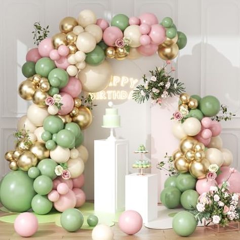 Sage Green And Light Pink Gender Reveal, Sage Green And Pink Balloons, Boho Birthday Party Decorations, Pink And Mint Balloon Garland, Mint Green And Pink Balloon Garland, Green Pink Beige Balloons, Pink Balloon Garland, Boho Birthday Party, Garland Arch