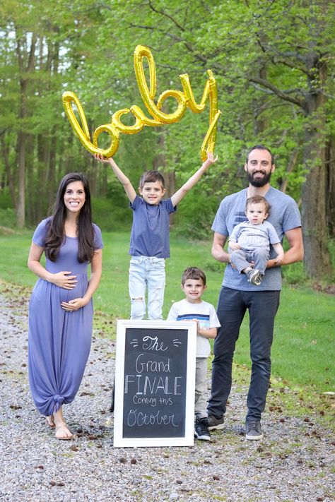 And Then There Were 4 - Family idea for pregnancy announcement | Grand finale #pregnancy #pregnancyannouncement 4th Baby Announcement Ideas, 4th Baby Announcement, Pregnancy Announcement 4, Third Baby Announcements, 3rd Pregnancy Announcement, Sibling Baby Announcements, 3rd Baby Announcement, Baby Announcement Ideas, Pregnancy Announcement Family