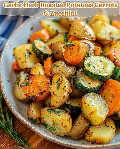 Roasted Veggie Delight  Ingredients: 4 cups potatoes, diced 2 cups carrots, sliced 2 cups zucchini, sliced 2 tbsp olive oil 1 tsp garlic powder 1 tsp Italian seasoning 1/2 tsp salt 1/2 tsp black pepper Directions: Preheat oven to 400°F (200°C). In a large bowl, combine potatoes, carrots, and zucchini. Drizzle olive oil over the veggies and toss to coat evenly. Sprinkle garlic powder, Italian seasoning, salt, and black pepper over the veggies. Mix well. Spread the veggies in a single layer on a baking sheet. Roast in the preheated oven for 25-30 minutes, stirring halfway through, until veggies are tender and golden brown.  ￼ Zuchinis Recipe Dinner, Roasted Veggie Medley, Roasted Potatoes Carrots, Carrots And Zucchini, Pan Dishes, Roasted Potatoes And Carrots, Crispy Garlic, Baking Stuff, 2024 Recipes