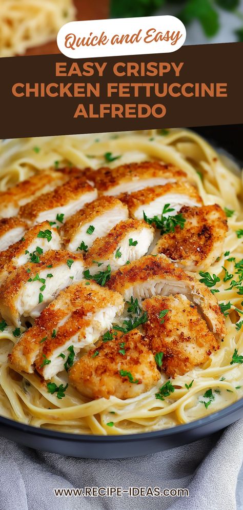 Try this easy crispy chicken fettuccine alfredo, perfect for weeknight dinners. Juicy chicken, creamy alfredo sauce, and perfectly cooked fettuccine come together seamlessly in this delicious and comforting meal. With simple ingredients and step-by-step instructions, you can create an Italian favorite the whole family will love. Pair it with garlic bread or a side salad for the perfect dinner experience. Impress your guests with this delightful dish that serves 4, and enjoy the flavorful wonder that is homemade fettuccine alfredo. Breaded Chicken Fettuccine Alfredo, Homemade Chicken Fettuccine Alfredo, Chicken Fettuccine Alfredo Recipe Easy, Easy Crispy Chicken, Veggie Alfredo, Chicken Alfredo Fettuccine Recipe, Homemade Fettuccine, Turkey Cutlets, Creamy Alfredo Sauce