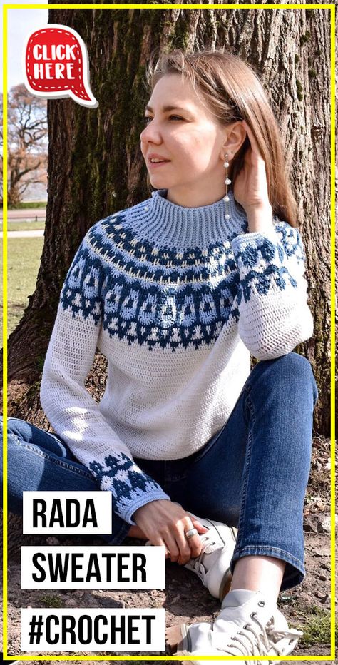 CROCHET Rada Sweater easy pattern - Easy Crochet Sweater Pattern for Beginners. Click to Get the Pattern #Sweater #crochetpattern #crochet via @shareapattern.com Nordic Crochet Sweater Pattern, Crochet Icelandic Sweater, Nordic Sweater Crochet Pattern, Crochet Nordic Sweater, Fair Isle Crochet Sweater Free Pattern, Crochet Fair Isle Sweater, Crochet Pullover Pattern Free, Christmas Crochet Sweater, Fair Isle Crochet Pattern