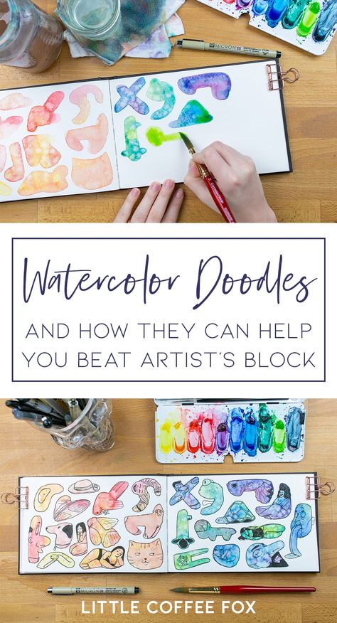 Pen Watercolor Art, Simple Watercolor Designs, Watercolour Doodles Simple, Mindful Art Watercolor, Art Creativity, Watercolor Challenge For Beginners, Doodles On Watercolor, Watercolour Lessons, Easy Watercolor Projects