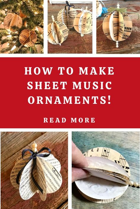 Full Craft Tutorial showing you how to make easy, but beautiful, Christmas Sheet Music Ornaments! Free Printable Vintage Sheet Music is provided. These lovely Handmade Holiday Ornaments are the perfect Paper Craft project! Sheet Music Ornaments Diy, Free Christmas Music, Sheet Music Ornaments, Paper Ornaments Diy, Music Christmas Ornaments, Christmas Paper Craft, Sheet Music Crafts, Music Christmas, Music Ornaments