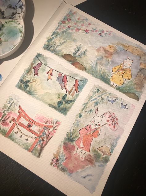 My project in Watercolor Illustration with Japanese Influence course | Domestika Japanese Art Techniques, Japanese Illustration Traditional, Japanese Style Watercolor, Watercolor Japanese Art, Japanese Watercolor Art, Gouache Ideas, Japanese Branding, Japan Watercolor, Create Your Own Character