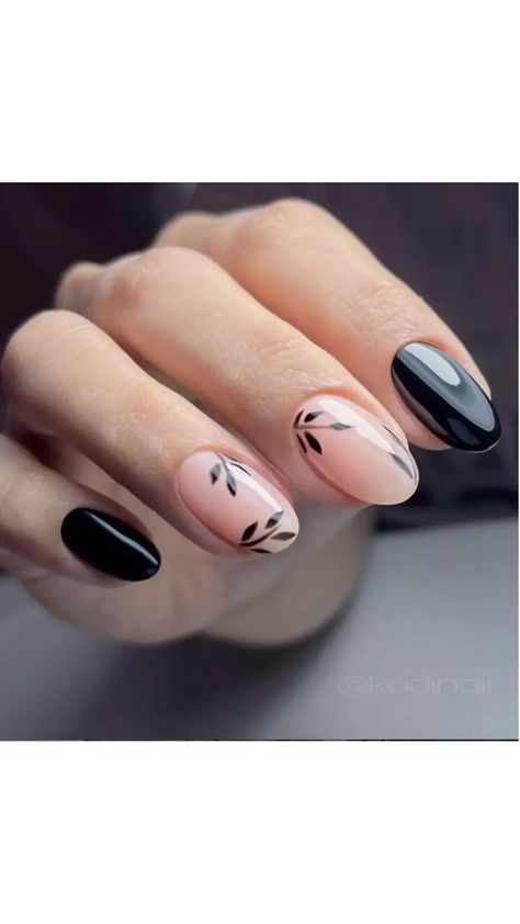 Elevate your style with the luxurious combination of black and gold nail designs! 🖤💰 #BlackGold #LuxuryNails #NailArt Round Nails Black Design, Matte Black Floral Nails, Classic Black Nails Ideas, Black Nails Pink Flowers, Dark Nails With Design, Black And Gold Short Nails, Nude And Black Nail Designs, Black White Gold Nails, Black And Tan Nails